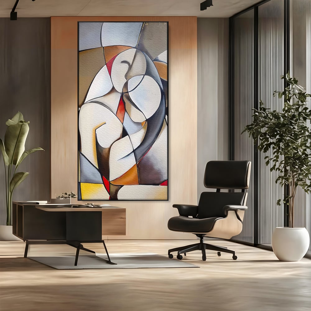 Tablou canvas cu tablou pictura cuplu imbratisat, in rama de aluminiu negru, pe perete intr-un birou